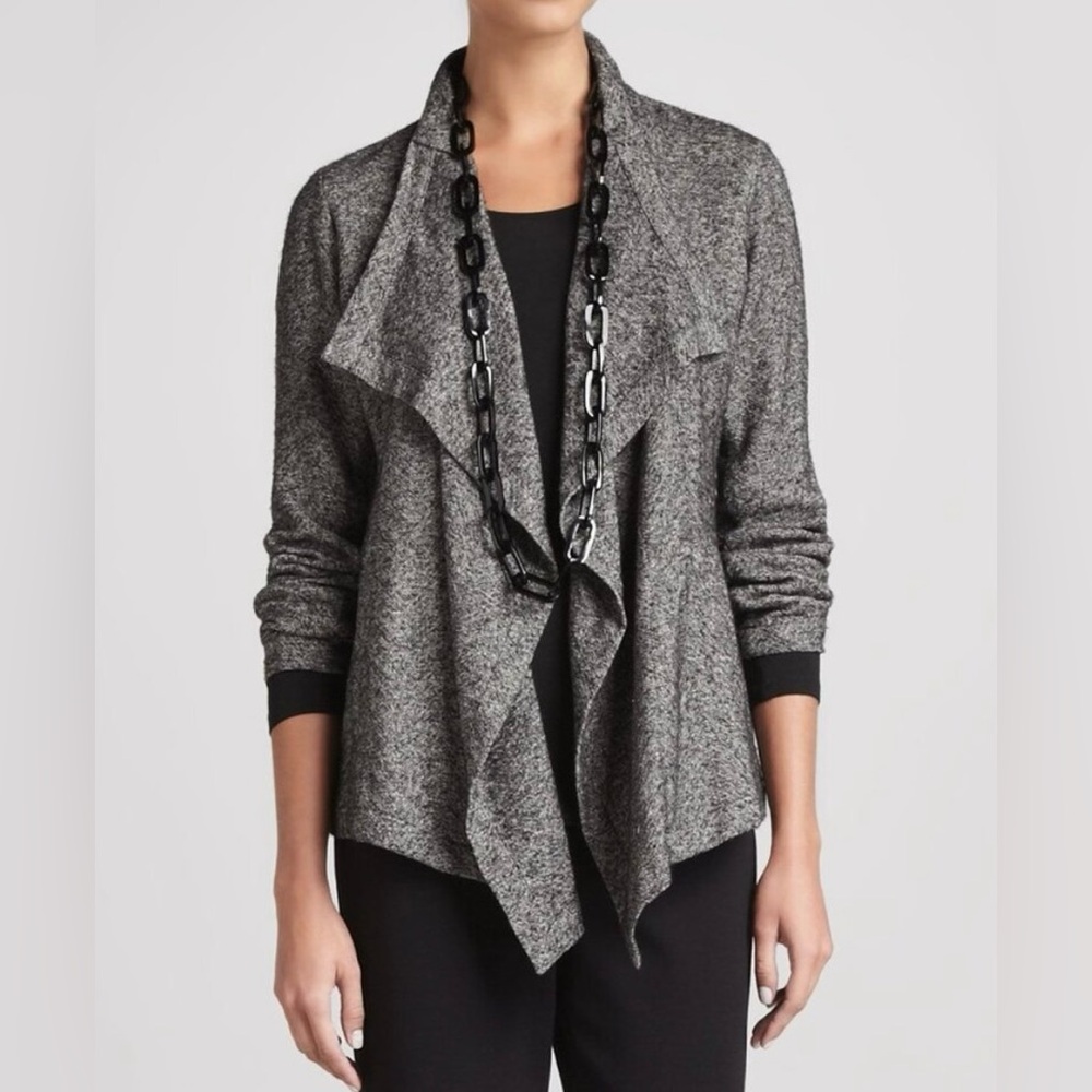 Eileen Fisher Jacket L Gray Drape Front Herringbone Tweed Jacket Cardigan